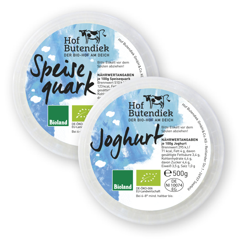 produkt-joghurt-und-quark Joghurt/Quark: Frischkäsebecher von oben mit blau-weißem Etikett, Titel und Logo vom Hof