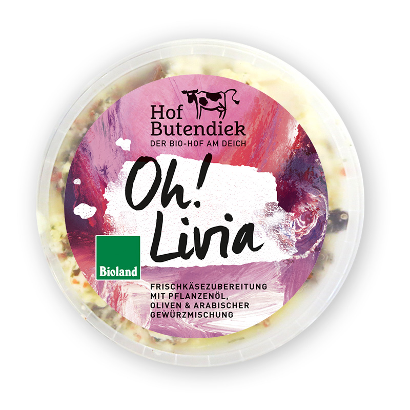 sorte-oh-livia-becher-offen Oh´livia: Frischkäsebecher von oben mit lila-rotem Etikett, Titel und Logo vom Hof